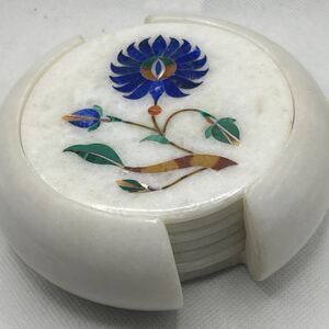 Marble Coaster Set w/Lapis Inlay Semi-Precious Stone Floral Art Marquetry Gift